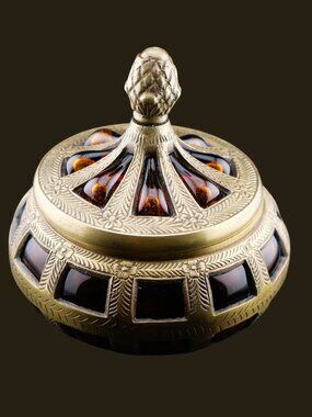 Vintage Brass Amber Bubble Glass Apothecary Jar Heavy Lidded Dish Hand Blown